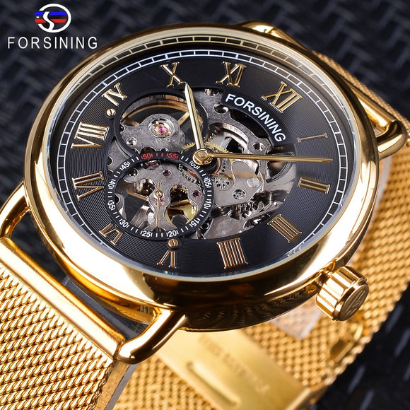 Forsining 2018 Zwart Gouden Open Werk Klok Mannelijke Mesh Band Ontwerp mannen Mechanische Horloges Top Merk Luxe Montre homme