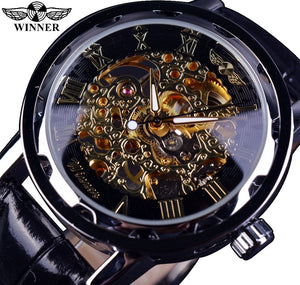 Winnaar Black Golden Skeleton Horloges Mannen Luxe Merk Mechanische Horloge Zwart Lederen Band Montre Homme Relogios Mannelijke Polshorloge