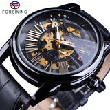 Forsining Officiële Exclusieve Verkoop Zwart Lederen Fashion Romeinse Nummer Ontwerp mannen Automatic Skeleton Horloges Golden Dial