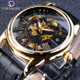 Forsining Officiële Exclusieve Verkoop Zwart Lederen Fashion Romeinse Nummer Ontwerp mannen Automatic Skeleton Horloges Golden Dial