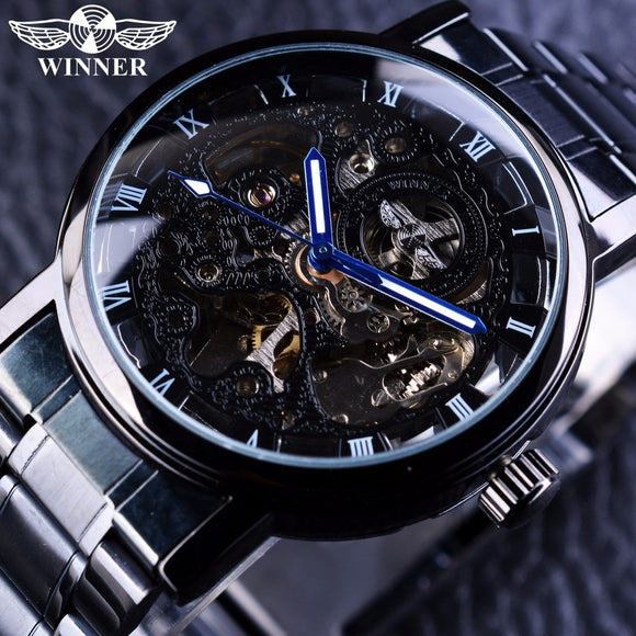 Winnaar Transparant Steampunk Montre Homme Zwarte Retro Casual Heren Horloges Top Brand Luxe Volledige Steel Skeleton Mechanische Horloge