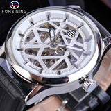 Forsining Luxe Brand Fashion Mechanische Horloges Lederen Band Heren Wit Hand Winding Skeleton Silver Case Klok Reloj Hombre