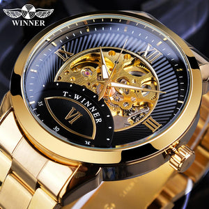 Winnaar Automatische Mannen Horloge Golden Zwart Transparant Skeleton Mechanische Business Rvs Horloges Relogio Masculino