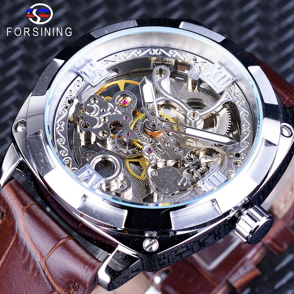 Forsining Nieuwe Zilver Skeleton Klok Brown Echt Leder Waterbestendig Automatische Self-kronkelende Horloges voor Mannen relojes hombre