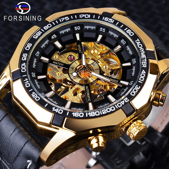 Forsining Golden Black Skeleton Klok Twee Knop Decoratie Mechanische Horloges voor Mannen Zwart Lederen Lichtgevende Handen