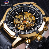 Forsining Golden Black Skeleton Klok Twee Knop Decoratie Mechanische Horloges voor Mannen Zwart Lederen Lichtgevende Handen