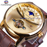 Forsining Automatische Self-Wind Mannen Jurk Horloge Zon Moon Phase Tourbillon Waterdichte Mannelijke Lederen Pols Horloges Relogio Masculino