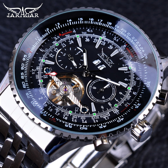 Jaragar Aviator Serie Zilver Rvs Toubillion Ontwerp Schaal Dial Heren Horloges Top Brand Luxe Automatische Horloge Klok