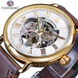 Forsining Golden Classic Versnelling Beweging Transparante Romeinse Retro Ontwerp Man Skeleton Mechanische Lederen Riem Mannen Polshorloge