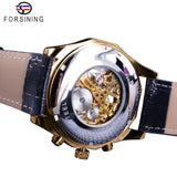 Forsining Golden Black Skeleton Klok Twee Knop Decoratie Mechanische Horloges voor Mannen Zwart Lederen Lichtgevende Handen