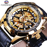 Forsining Golden Black Skeleton Klok Twee Knop Decoratie Mechanische Horloges voor Mannen Zwart Lederen Lichtgevende Handen