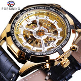 Forsining Golden Black Skeleton Klok Twee Knop Decoratie Mechanische Horloges voor Mannen Zwart Lederen Lichtgevende Handen