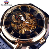 Forsining 3d Logo Ontwerp Holle Graveren Black Gold Case Leather Skeleton Mechanische Horloges Mannen Luxe Merk Heren Horloge