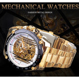 Forsining Steampunk Wit Gouden mannen Mechanische Automatische Horloges Top Brand Luxe Rvs Skeleton Horloges Klok