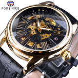 Forsining Officiële Exclusieve Verkoop Zwart Lederen Fashion Romeinse Nummer Ontwerp mannen Automatic Skeleton Horloges Golden Dial