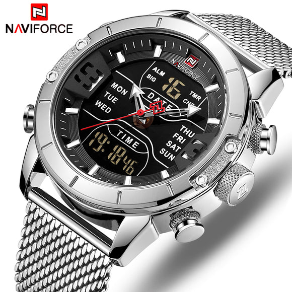 Nieuwe Mannen Mode Dual Display Horloge Heren Militaire Quartz Horloge Rvs Mesh Sport Horloges Analoge Digitale Mannelijke Klok