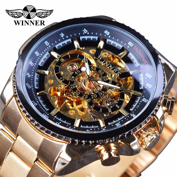 Winnaar Steampunk Fashion Hip Hop Ontwerp Golden Rvs Versnelling Beweging Mannen Skeleton Horloge Top Brand Luxe Automatische