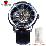 Forsining 3d Logo Ontwerp Holle Graveren Black Gold Case Leather Skeleton Mechanische Horloges Mannen Luxe Merk Heren Horloge