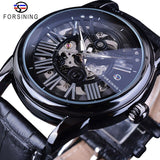 Forsining Officiële Exclusieve Verkoop Zwart Lederen Fashion Romeinse Nummer Ontwerp mannen Automatic Skeleton Horloges Golden Dial