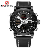 NAVIFORCE Mannen Dual Display Quartz Horloge mannen Goud Lederen Militaire Sport Klok Mannelijke LED Analoge Digitale Horloge Relogio Masculino