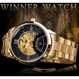 Winnaar Automatische Mannen Horloge Golden Zwart Transparant Skeleton Mechanische Business Rvs Horloges Relogio Masculino