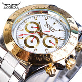 Jaragar Golden Automatische Mannen Polshorloge 3 Sub Dial Ontwerp Kalender Grote Horloges Stalen Band Mechanische Luxe Klok Gift