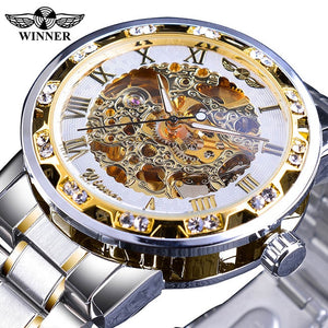 Winnaar Gouden Horloges Classic Rhinestone Klok Romeinse Analoge Mannelijke Skelet Klokken Automatische Mechanische Roestvrij Stalen Band Horloge