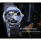 Forsining Mode Mannen Mechanische Horloge Skeleton Slim Romeinse Wijzerplaat Mesh Roestvrij Stalen Band Horloge Bedrijf Mannelijke Horloges Gift