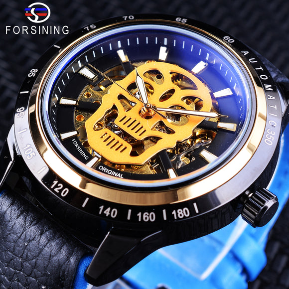 Forsining Sport Racing Golden Skull mannen Automatische Horloges Top Merk Luxe Water Resistant Lichtgevende Handen Blauw Echt