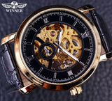 Winnaar Golden Bezel Zwarte Wijzerplaat Jurk Mannen Horloges Topmerk Luxe Automatische Horloge Mechanische Skeleton Mannen Horloges Klok Mannen