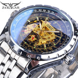 Jaragar Golden Skeleton Mens Horloge Automatische Self-Wind Silver Bezel Mechanische Sport Lederen Band Pols Relogio Mannelijke Klok Saat