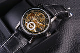 Forsining Royal Hollow Retro Ontwerp Zwart Lederen Band Zwarte Bezel Heren Horloge Topmerk Luxe Automatische Skelet Horloge