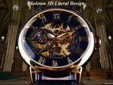 Forsining 3d Logo Ontwerp Holle Graveren Black Gold Case Leather Skeleton Mechanische Horloges Mannen Luxe Merk Heren Horloge