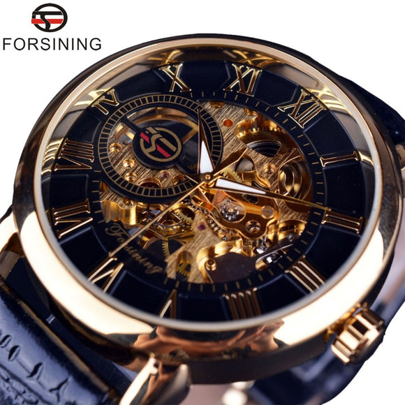 Forsining Mannen Horloges Top Merk Luxe Mechanisch Skeleton Horloge Black Golden 3D Letterlijke Ontwerp Romeinse Aantal Zwarte Wijzerplaat Designer