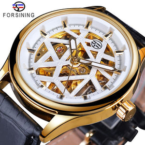 Forsining Mens Black Skeleton Mechanische Horloges Lederen Band Holle Lichtgevende Hand Winding Horloge Mannelijke Uur Relogio Klok