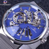 Forsining klassieke blauwe wijzerplaat display zilver rvs transparant case mens skeleton horloges topmerk luxe mechanische