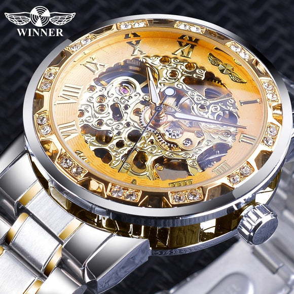 Winnaar Golden Skeleton Horloges Luxe Diamant Ontwerp Zilver Rvs heren Mechanische Horloges Lichtgevende Mannelijke Klok