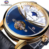 Forsining Automatische Self-Wind Mannen Jurk Horloge Zon Moon Phase Tourbillon Waterdichte Mannelijke Lederen Pols Horloges Relogio Masculino