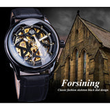 Forsining Heren Nieuwe Luxe Black Skeleton Lederen Horloge Steampunk Hand Wind Mechanische Roestvrij Staal Horloges Montre Homme