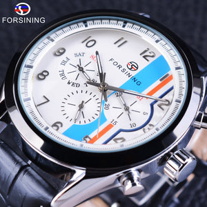 Forsining Drie Dial Mode Kalender Blauw Display Lederen Band Mannen Horloge Topmerk Luxe Automatische mannen Polshorloge