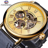 Forsining Golden Classic Versnelling Beweging Transparante Romeinse Retro Ontwerp Man Skeleton Mechanische Lederen Riem Mannen Polshorloge