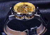 Skeleton Rvs Golden Case Mannelijke Klok Luxe Montre Homme Lederen Band Polshorloge Relogio Mannelijke Mannen Mechanische Horloge