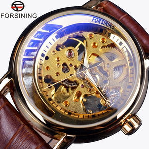 2016 Forsining Golden Case Half Skeleton Ontwerp Bruin Lederen Band Mannen Business Horloge Luxe Merk Automatische Horloge Montre Homme