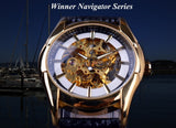 Winnaar Navigator Serie Retro Golden Skeleton Wit Horloge Automatische Mannen Lederen Horloge Mannen Horloge Automatische Luxe Top Merk