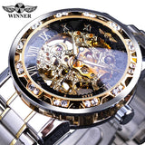 Winnaar Transparant Mode Diamant Display Lichtgevende Handen Versnelling Beweging Retro Royal Ontwerp Mannen Mechanische Skeleton Horloges