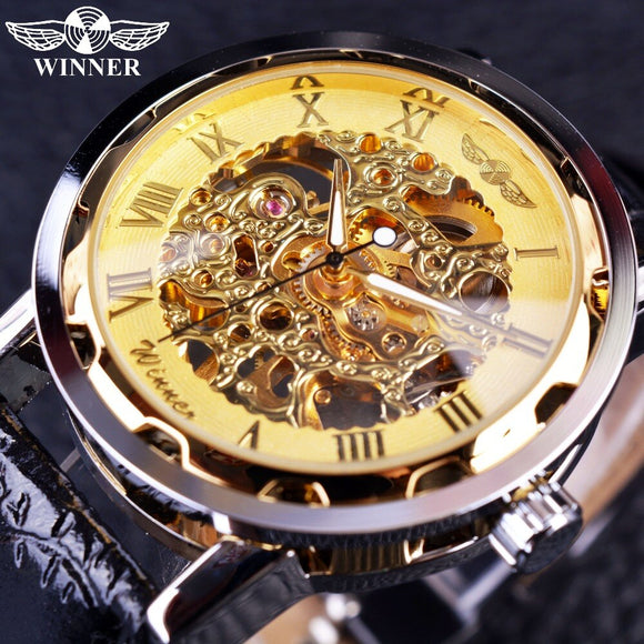 Skeleton Rvs Golden Case Mannelijke Klok Luxe Montre Homme Lederen Band Polshorloge Relogio Mannelijke Mannen Mechanische Horloge