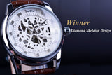 Winnaar Skeleton Ontwerp Bruin Lederen Band Silver Case Mannen Diamanten Horloge Mannen Luxe Merk Automatische Polshorloge Relogio Masculino