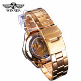 Winnaar Steampunk Fashion Hip Hop Ontwerp Golden Rvs Versnelling Beweging Mannen Skeleton Horloge Top Brand Luxe Automatische