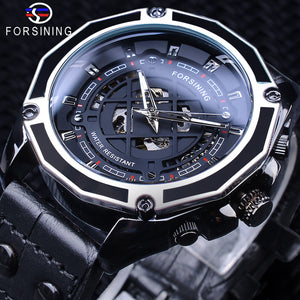 Forsining 2019 Militaire Sport Zwart Lederen Riem mannen Automatische Skelet Horloges Top Merk Luxe Lichtgevende Handen