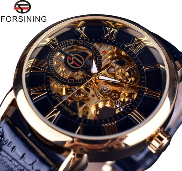 Forsining 3d Logo Ontwerp Holle Graveren Black Gold Case Leather Skeleton Mechanische Horloges Mannen Luxe Merk Heren Horloge